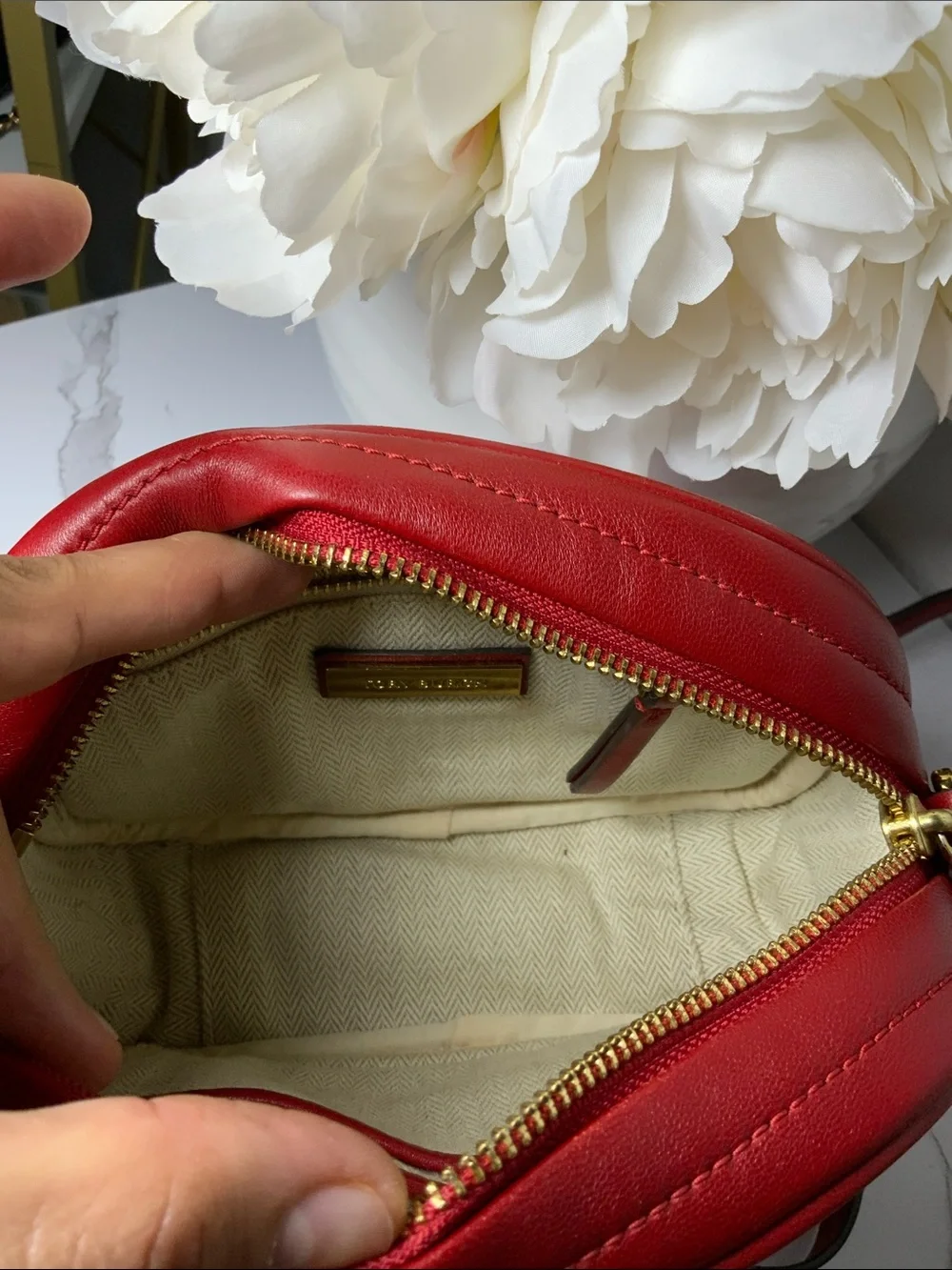 Tory Burch Red, Pink & Orange Quilted Leather Crossbody Camera Bag